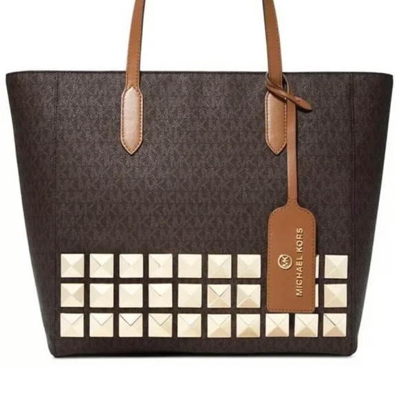 NWT MICHAEL Kors Sinclair Large MK Studded Logo Tote Brown Acorn MSRP $398 - Picture 3 of 5